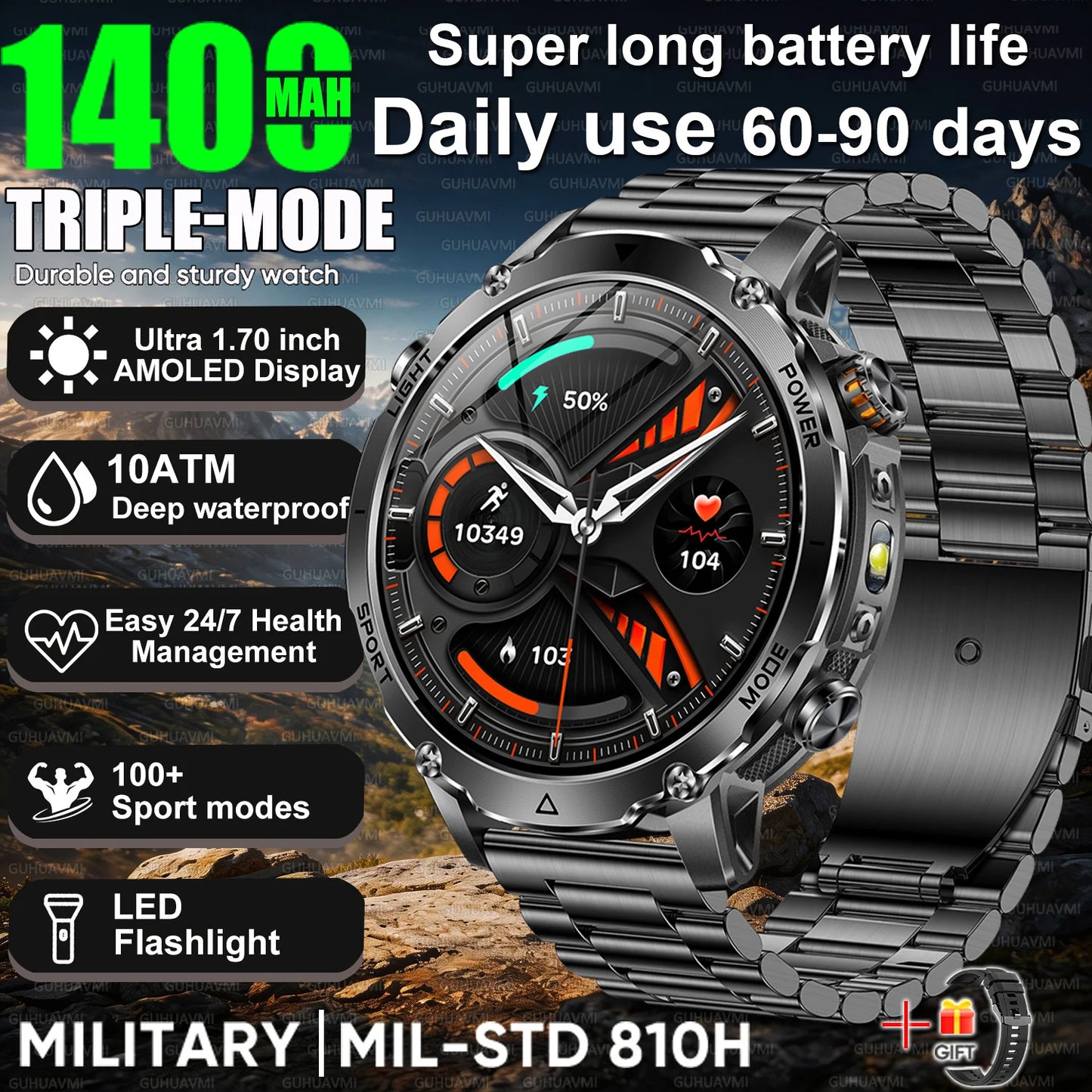 Newly Durable 1400mAh Large Battery Smart Watch Men 1.7" HD Screen IP68K Waterproof LED Flashlight Sports BT Call Smart Bracelet
