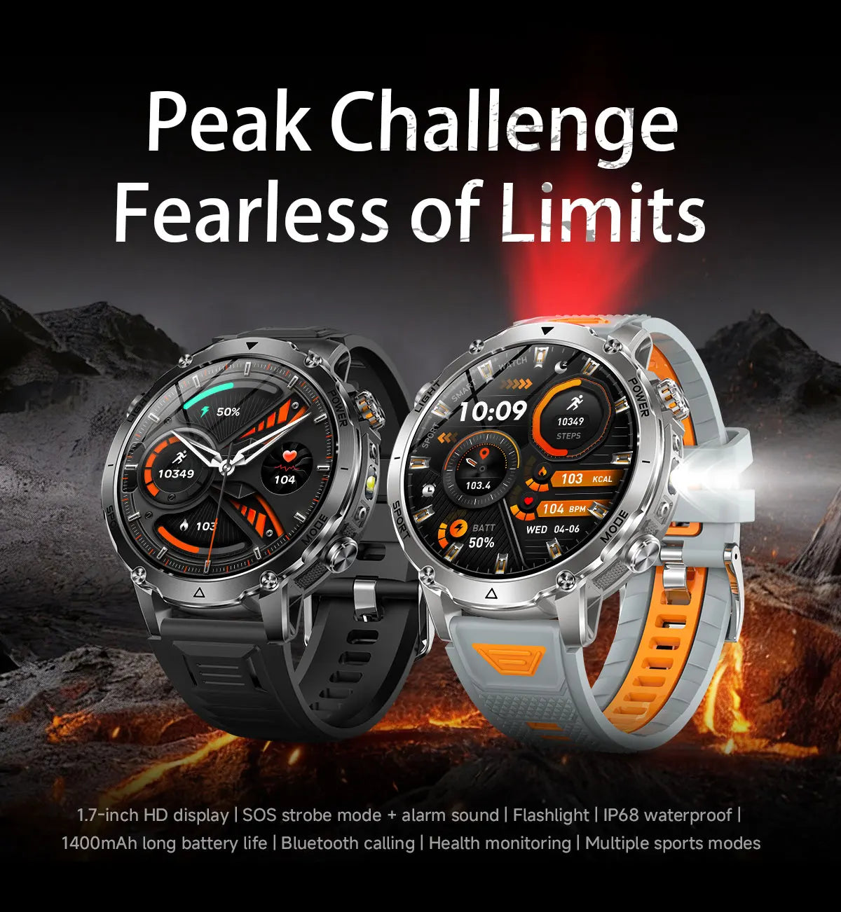 Newly Durable 1400mAh Large Battery Smart Watch Men 1.7" HD Screen IP68K Waterproof LED Flashlight Sports BT Call Smart Bracelet