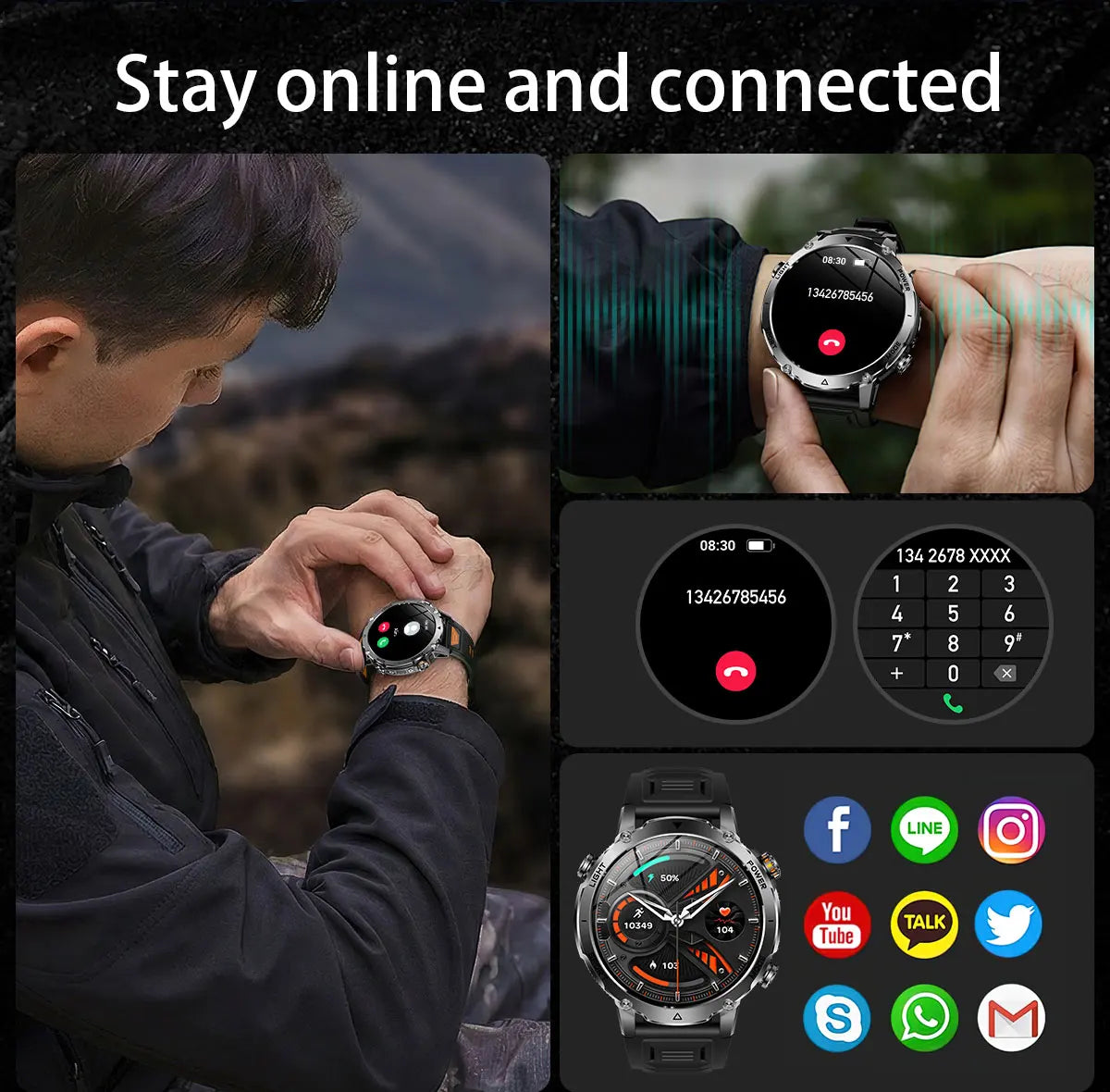 Newly Durable 1400mAh Large Battery Smart Watch Men 1.7" HD Screen IP68K Waterproof LED Flashlight Sports BT Call Smart Bracelet
