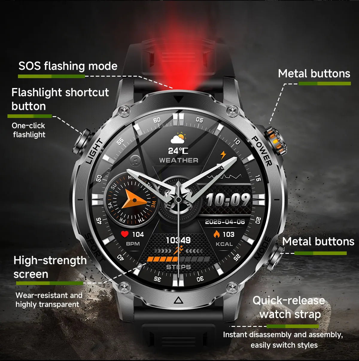 Newly Durable 1400mAh Large Battery Smart Watch Men 1.7" HD Screen IP68K Waterproof LED Flashlight Sports BT Call Smart Bracelet