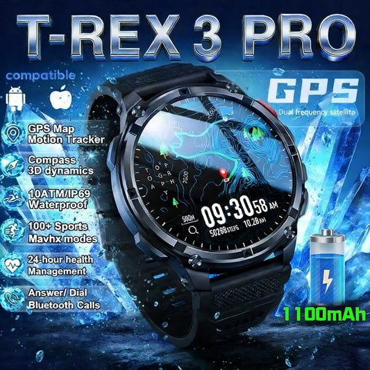 2026 New T-Rex3 Pro GPS Tracker 1100mAh Smartwatch Men 120-Day Standby Clock Rugged Outdoor Sport 10ATM Waterproof Call Watches