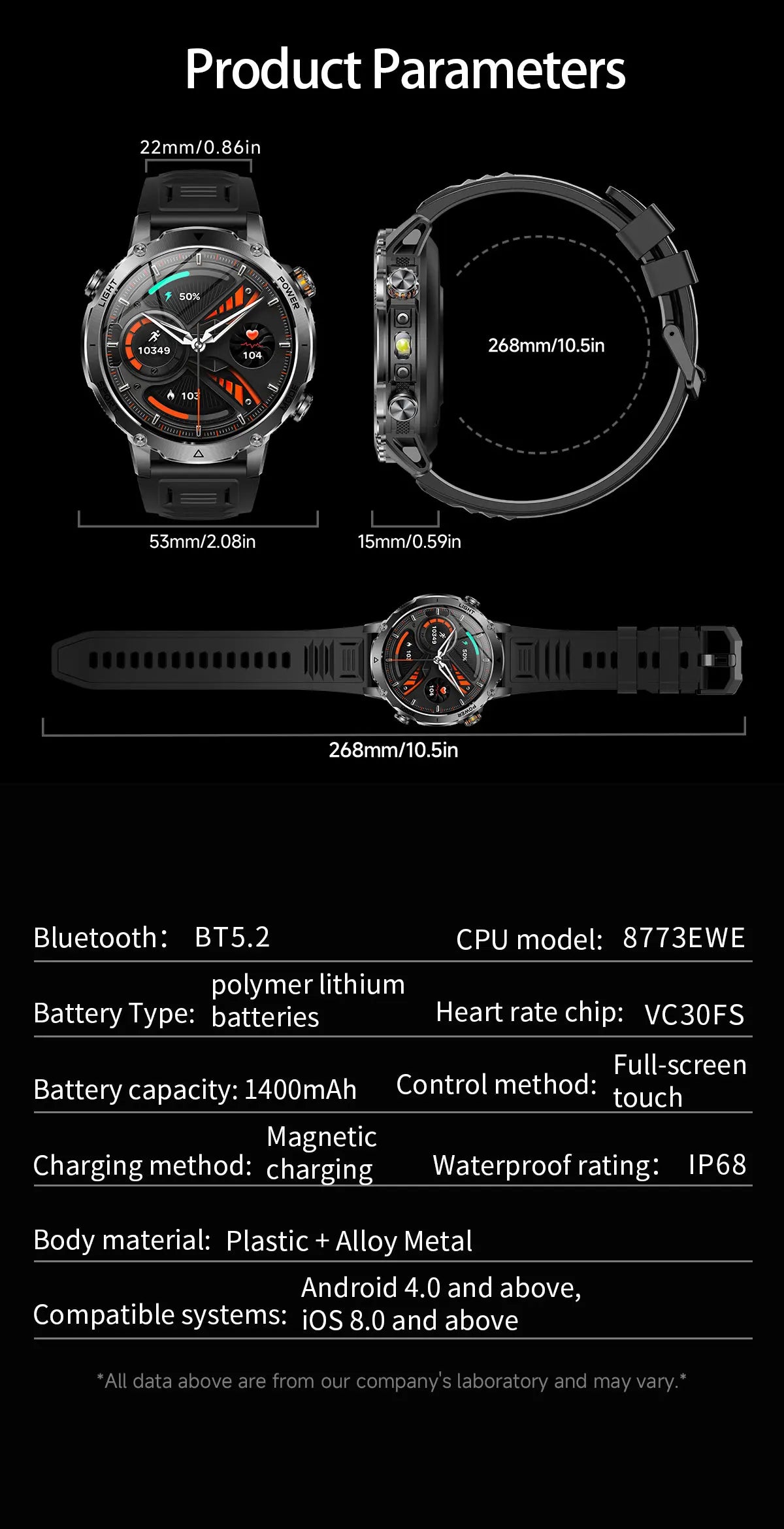 Newly Durable 1400mAh Large Battery Smart Watch Men 1.7" HD Screen IP68K Waterproof LED Flashlight Sports BT Call Smart Bracelet