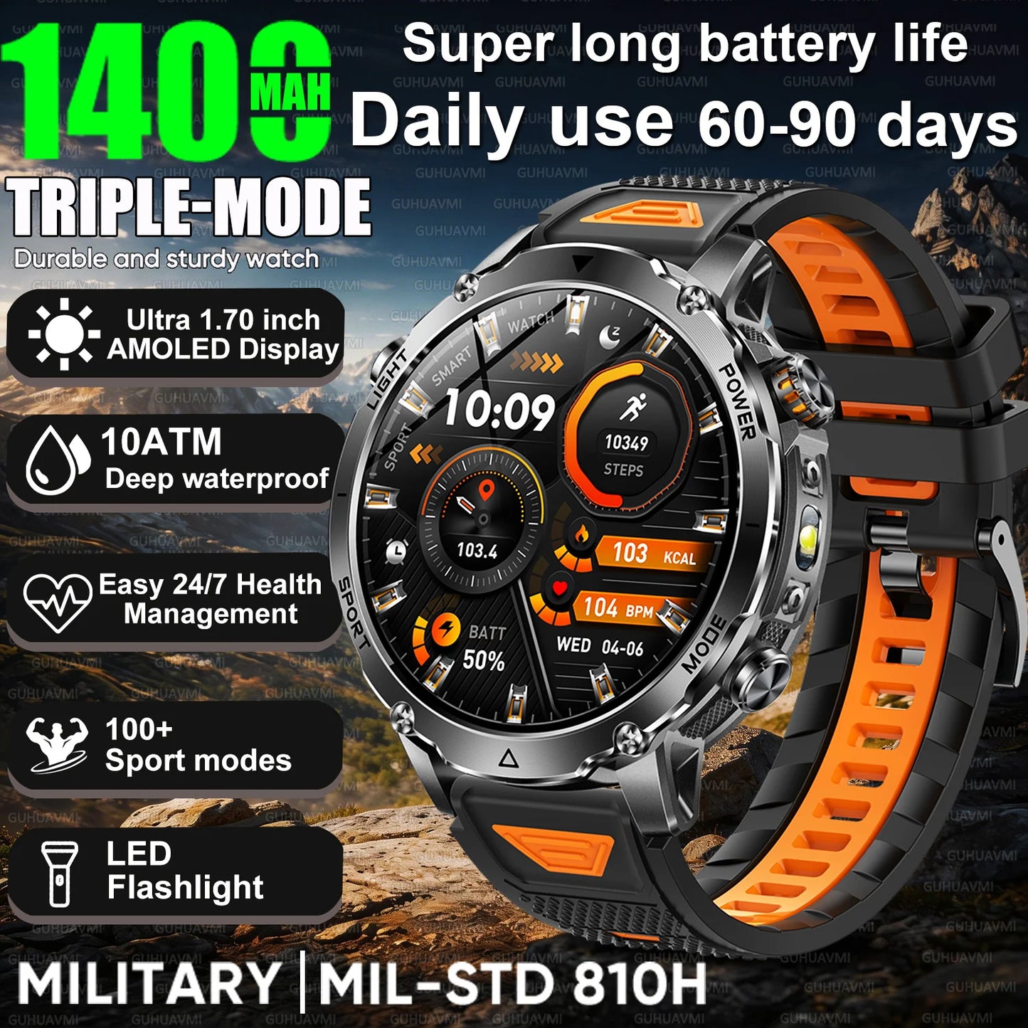 Newly Durable 1400mAh Large Battery Smart Watch Men 1.7" HD Screen IP68K Waterproof LED Flashlight Sports BT Call Smart Bracelet